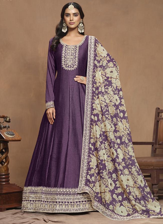 Art Silk Purple Wedding Wear Embroidery Work Anarkali Suit